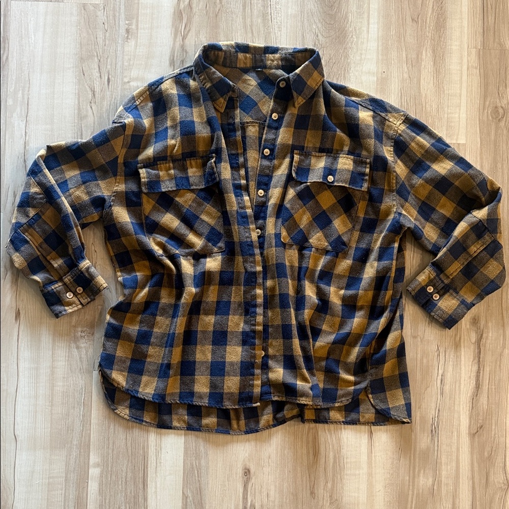 Blue and Tan Plaid Button-Up Flannel Shirt